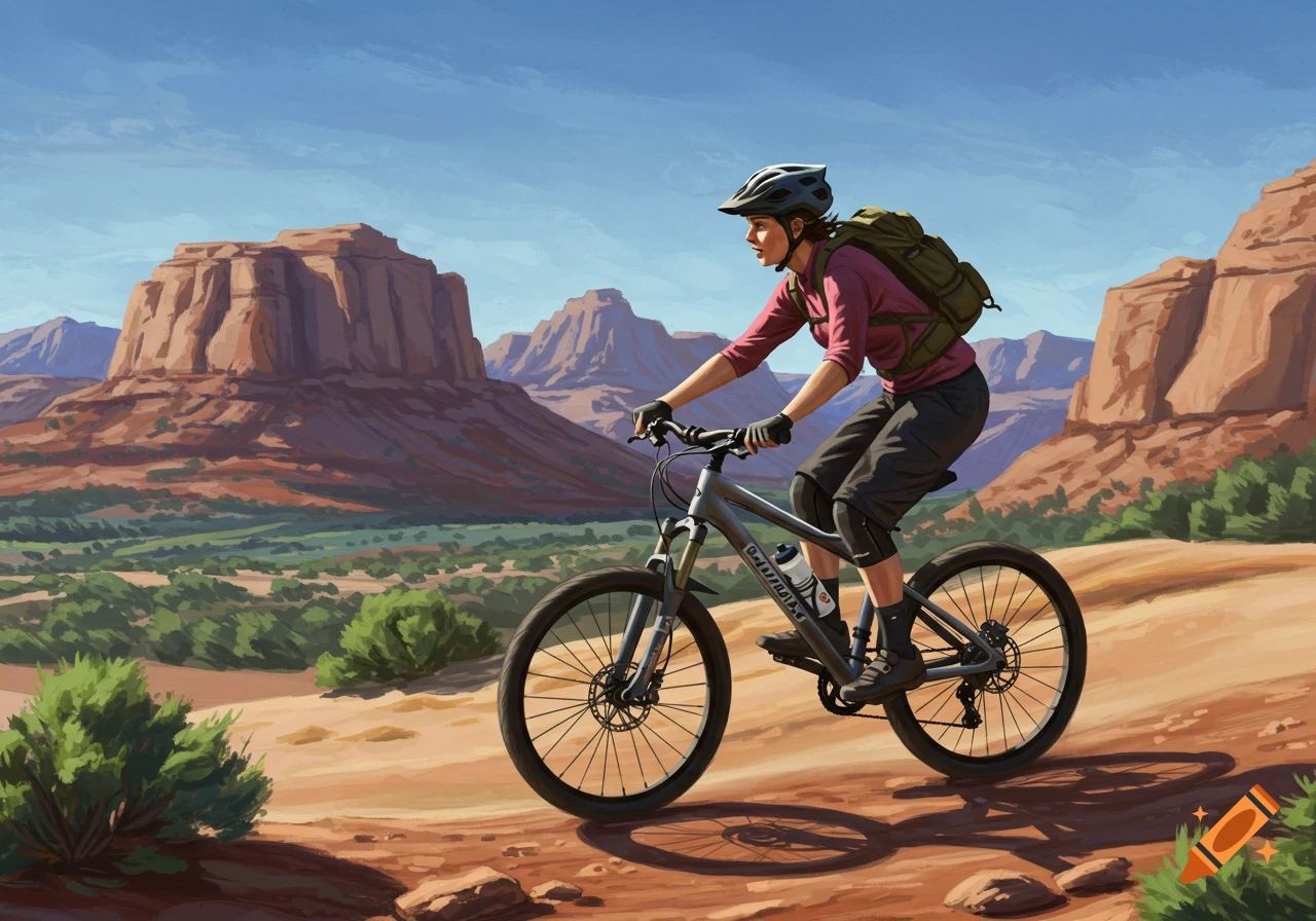 Woman mountain biking on a desert trail with red rock formations.