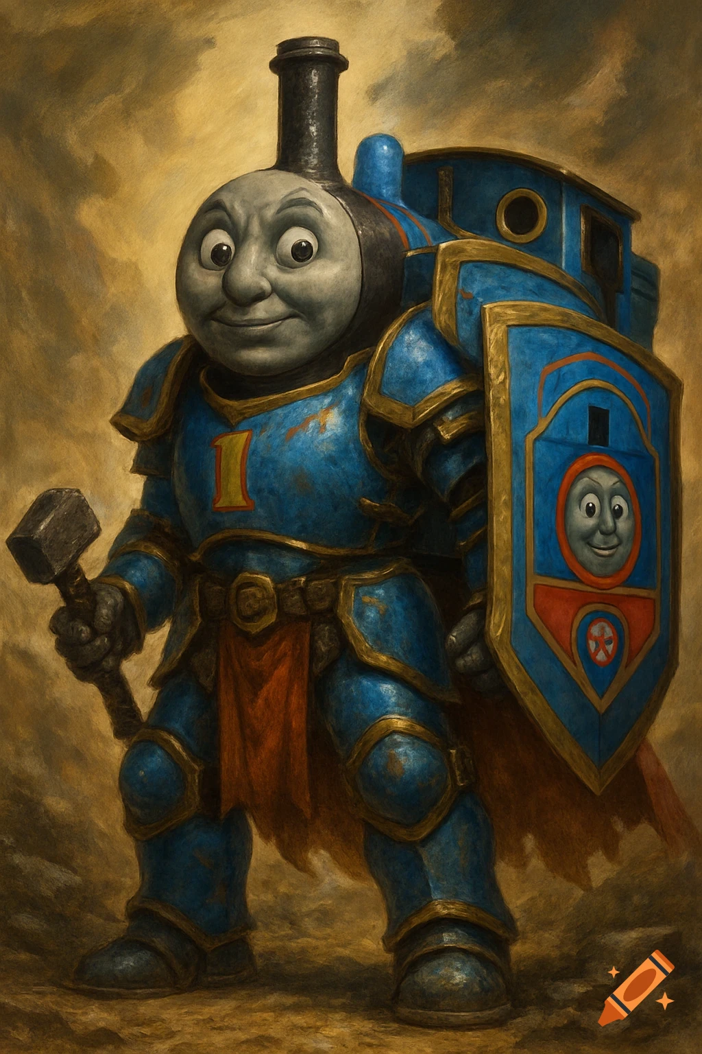 Thomas the Tank Engine reimagined as a blue-armored fantasy knight with a hammer and shield.