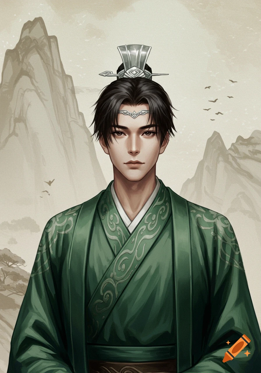 Portrait of a man in traditional green Chinese robes against a mountain landscape.