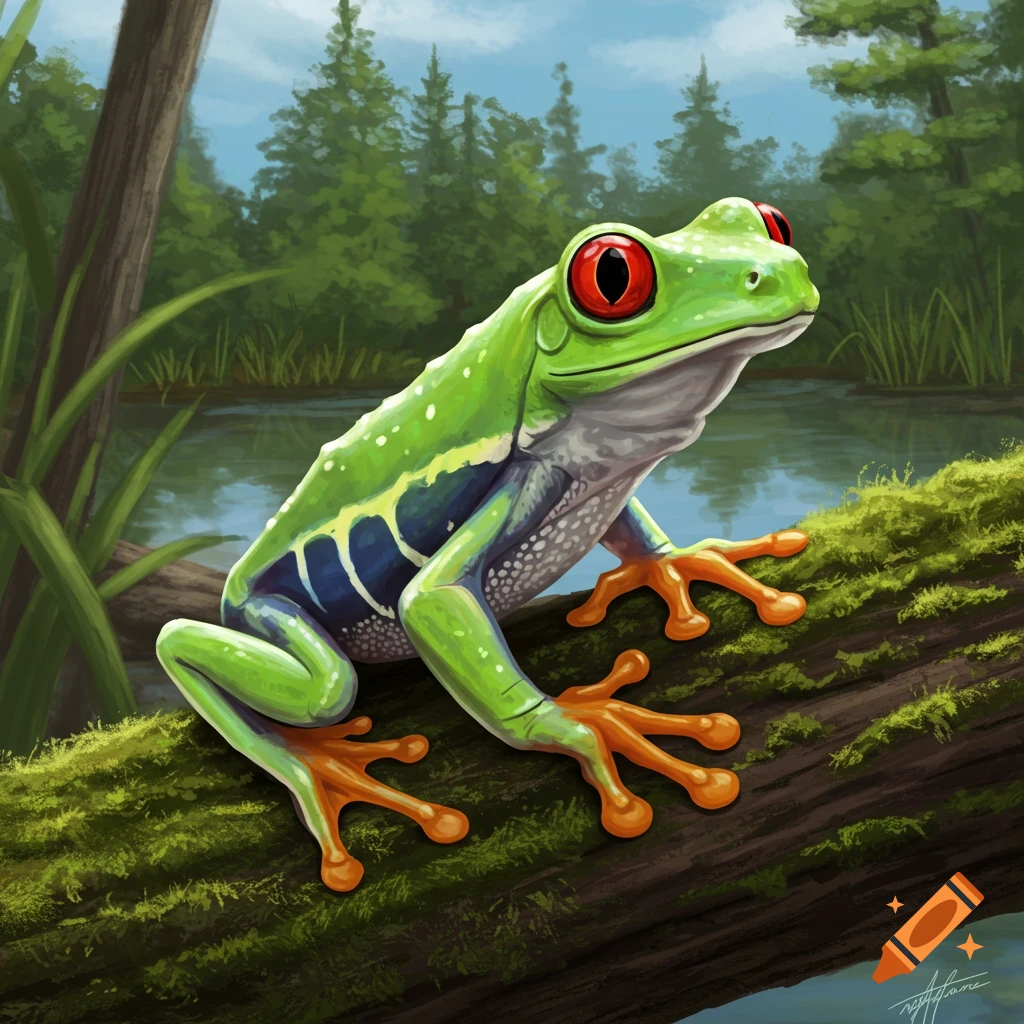 Illustration of a green frog with red eyes and orange feet sitting on a mossy log in a forest swamp.