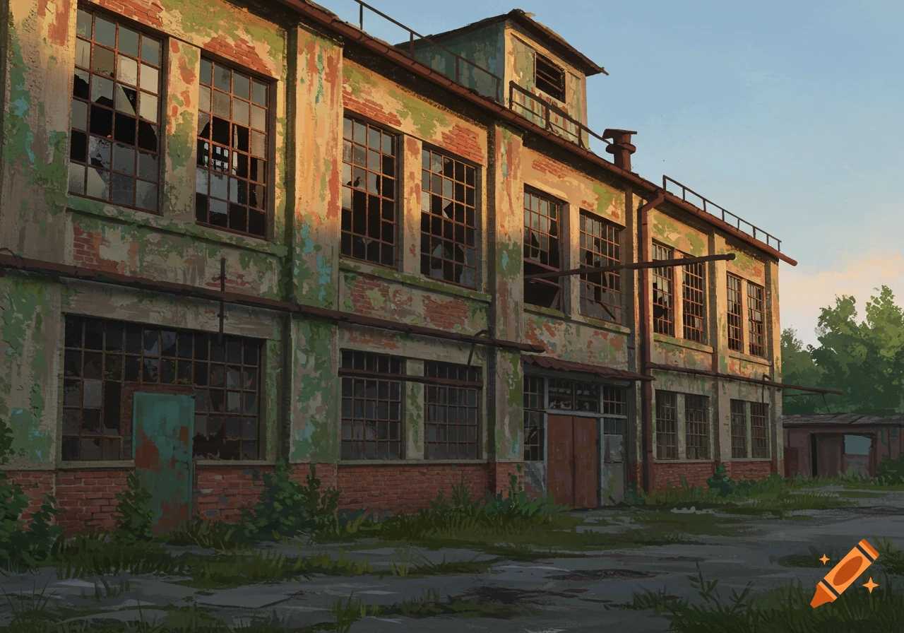 A rundown abandoned warehouse with broken windows and peeling paint, overgrown with weeds.