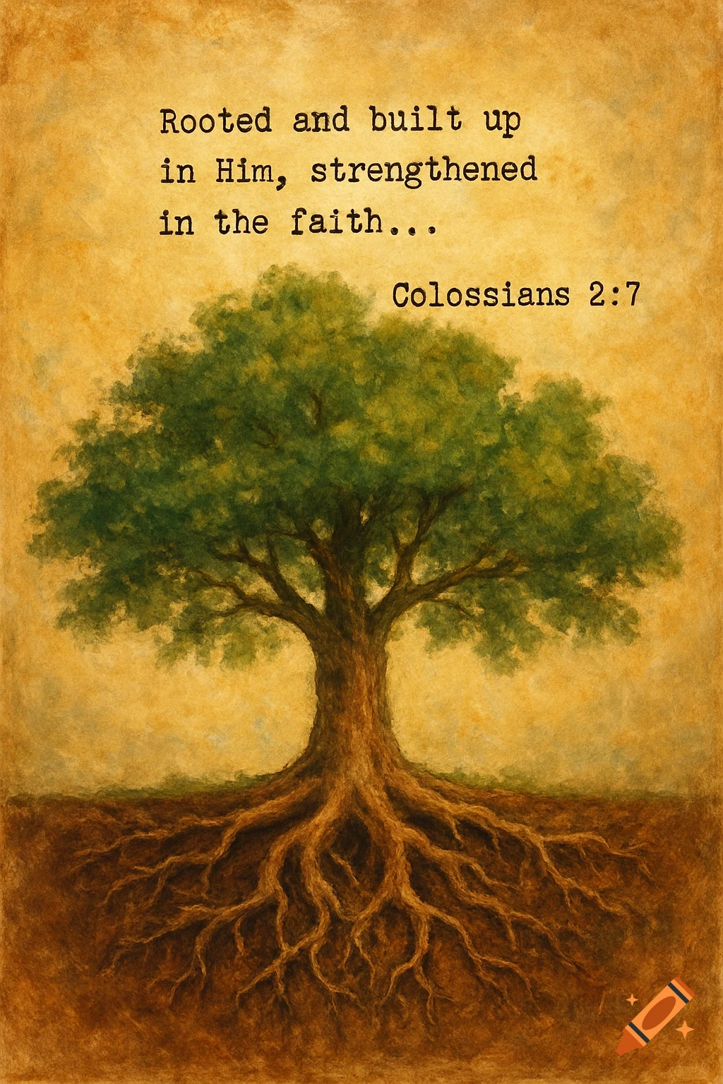 Painting of a tree with exposed roots against a textured background, with text overlayed.