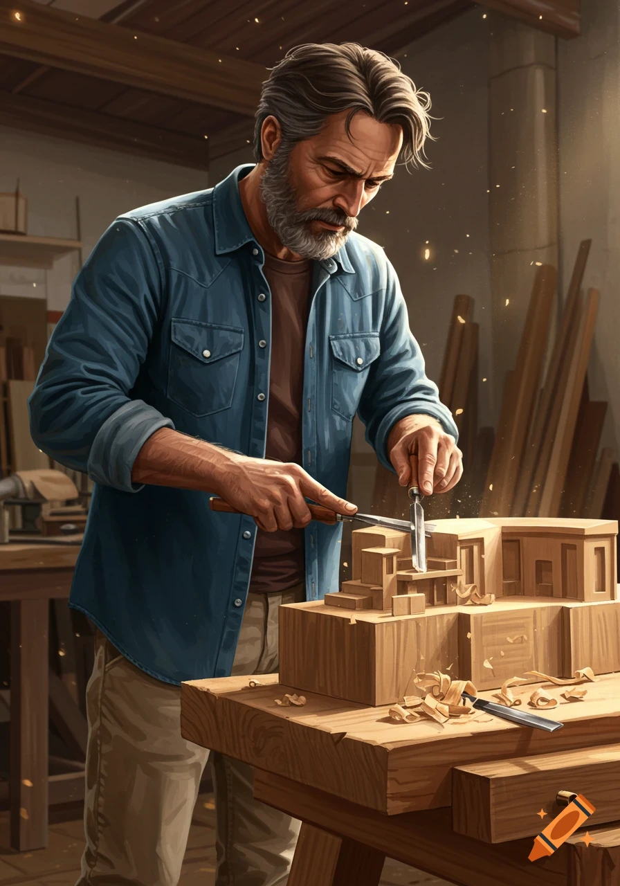 Detailed illustration of a bearded man carving a wooden architectural model in a workshop.