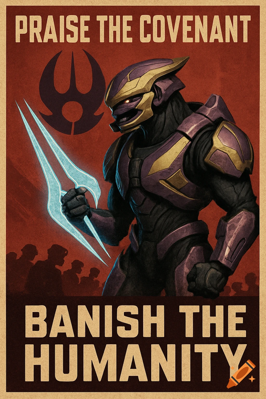 A propaganda poster features a Halo Covenant Elite holding an energy sword, with text 'Praise the Covenant' and 'Banish the Humanity'.
