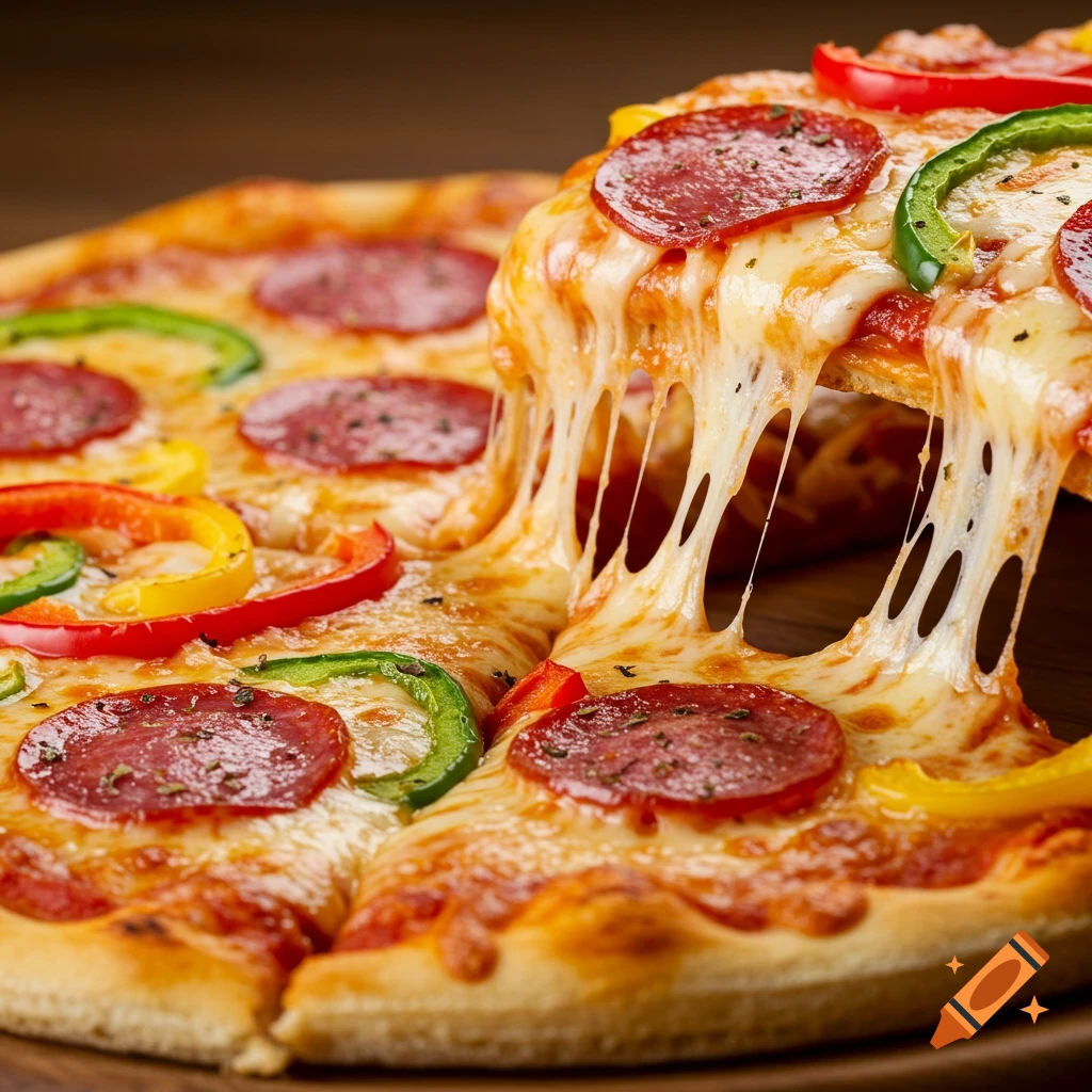 Close-up photorealistic shot of a pepperoni and bell pepper pizza with a slice being lifted, showing a long cheese pull.