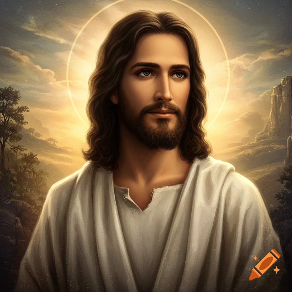 A portrait of Jesus Christ with a halo against a landscape sunset.