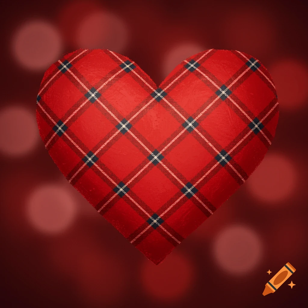 A red heart with a Scottish tartan pattern on a blurry red background.