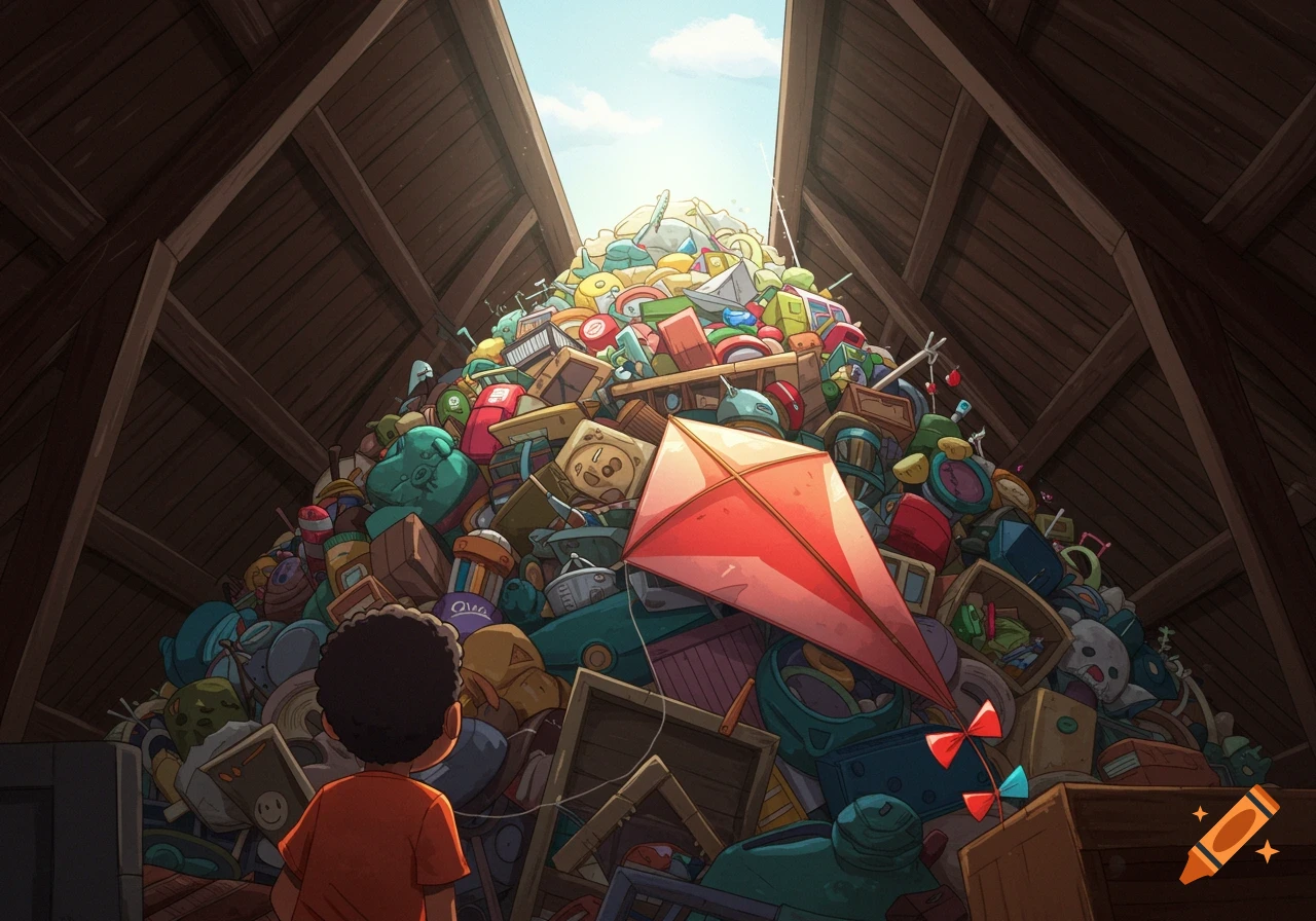 Illustration of a kid looking at a large pile of colorful toys and junk in an attic, with a red kite.