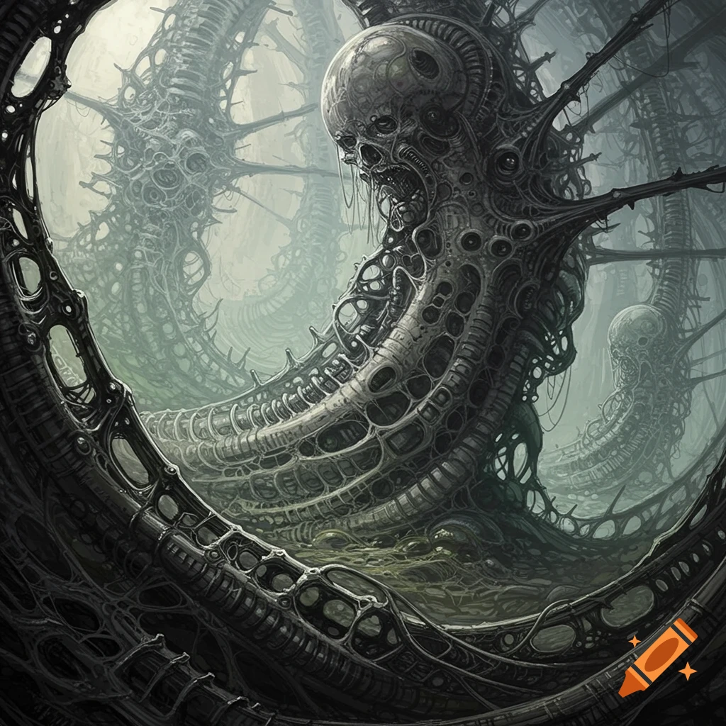 Dark surreal biomechanical structure with skull-like features in the style of H.R. Giger.