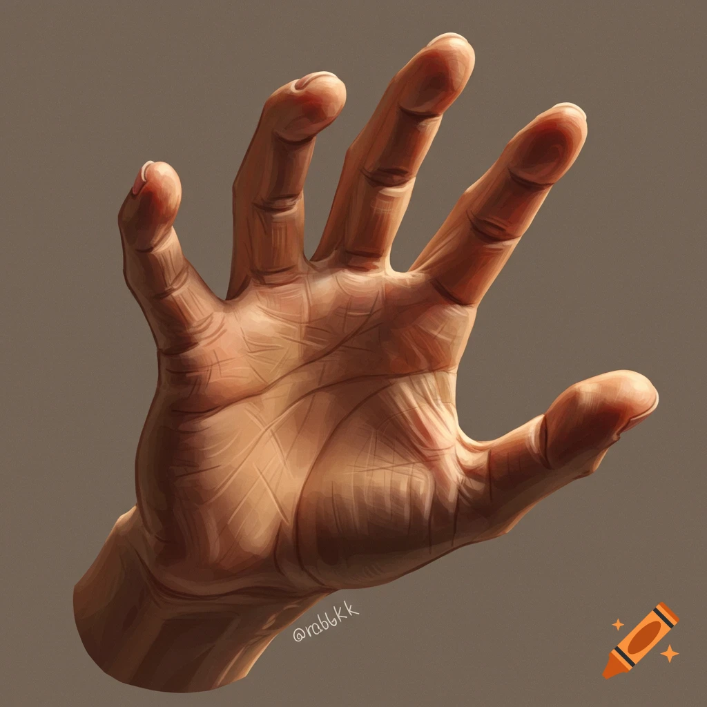 A close-up painting of a hand reaching out.