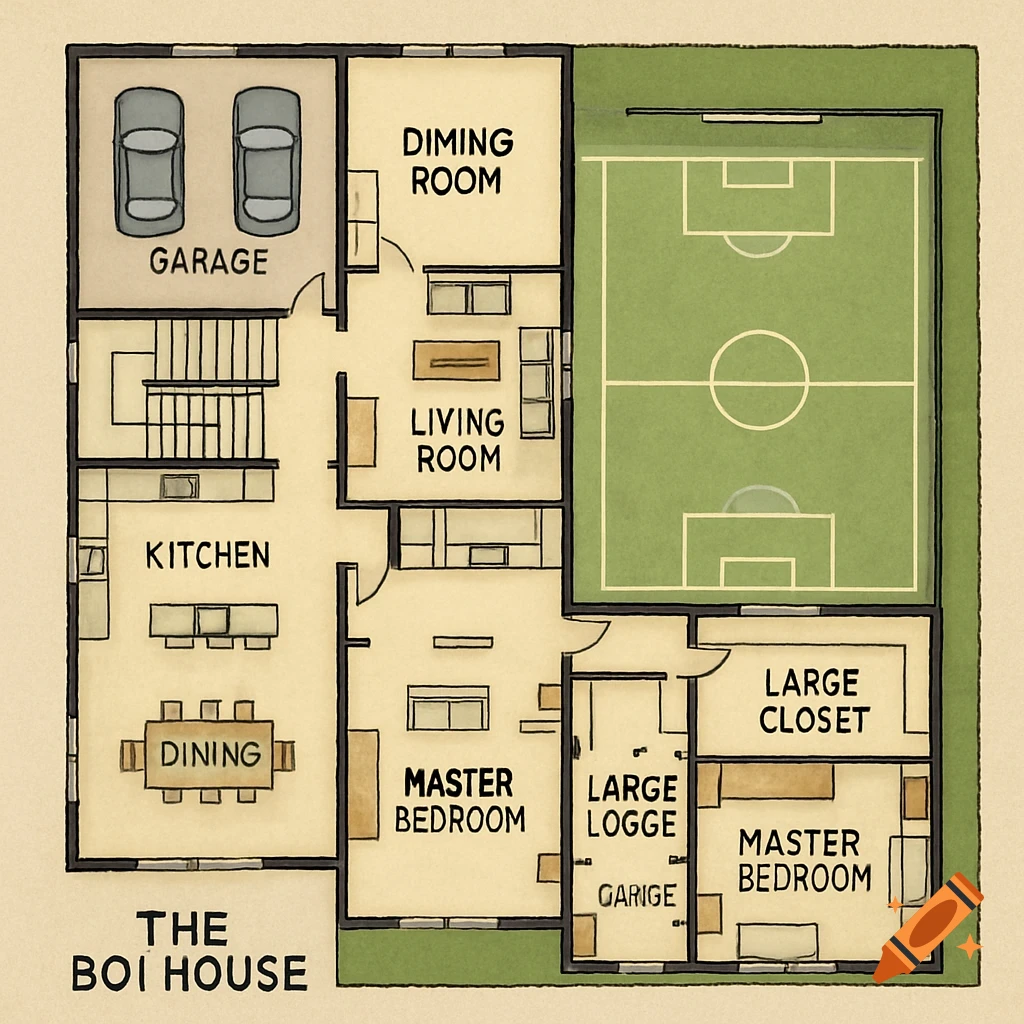 Illustration of a house floor plan with rooms and a soccer field in the backyard.