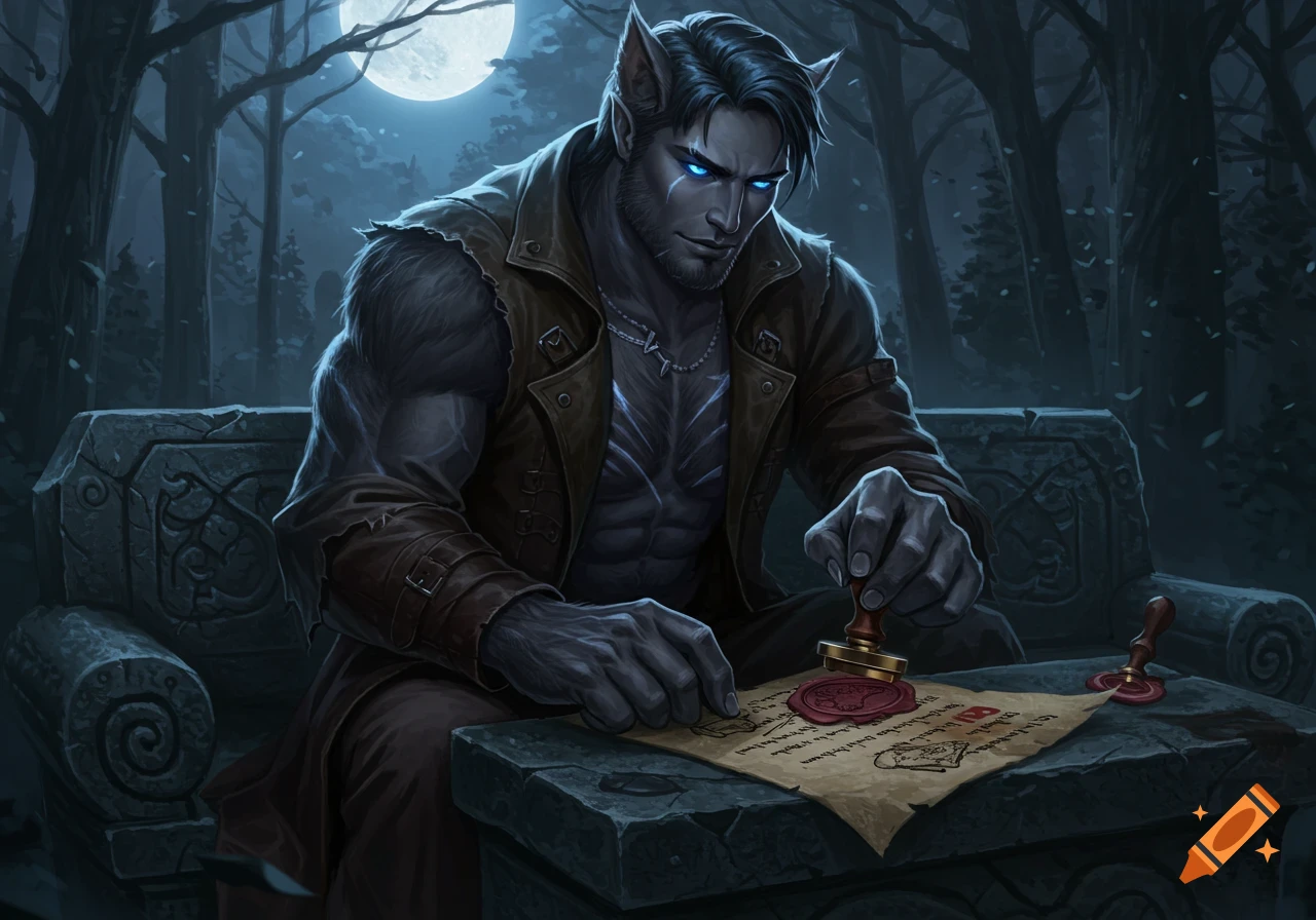 Werewolf man in leather jacket sealing a document on a stone bench under a full moon.