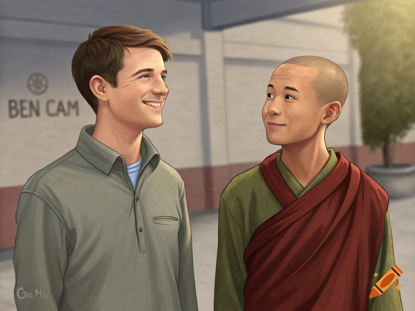 Illustration of a smiling man and a young monk looking at each other.