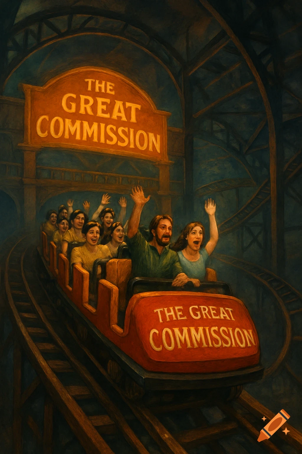 People riding an indoor rollercoaster with "The Great Commission" signs, painterly style.