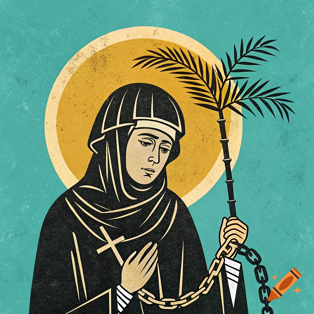 Stylized icon of Saint Adrianna holding a palm branch and chains, with a halo and cross.
