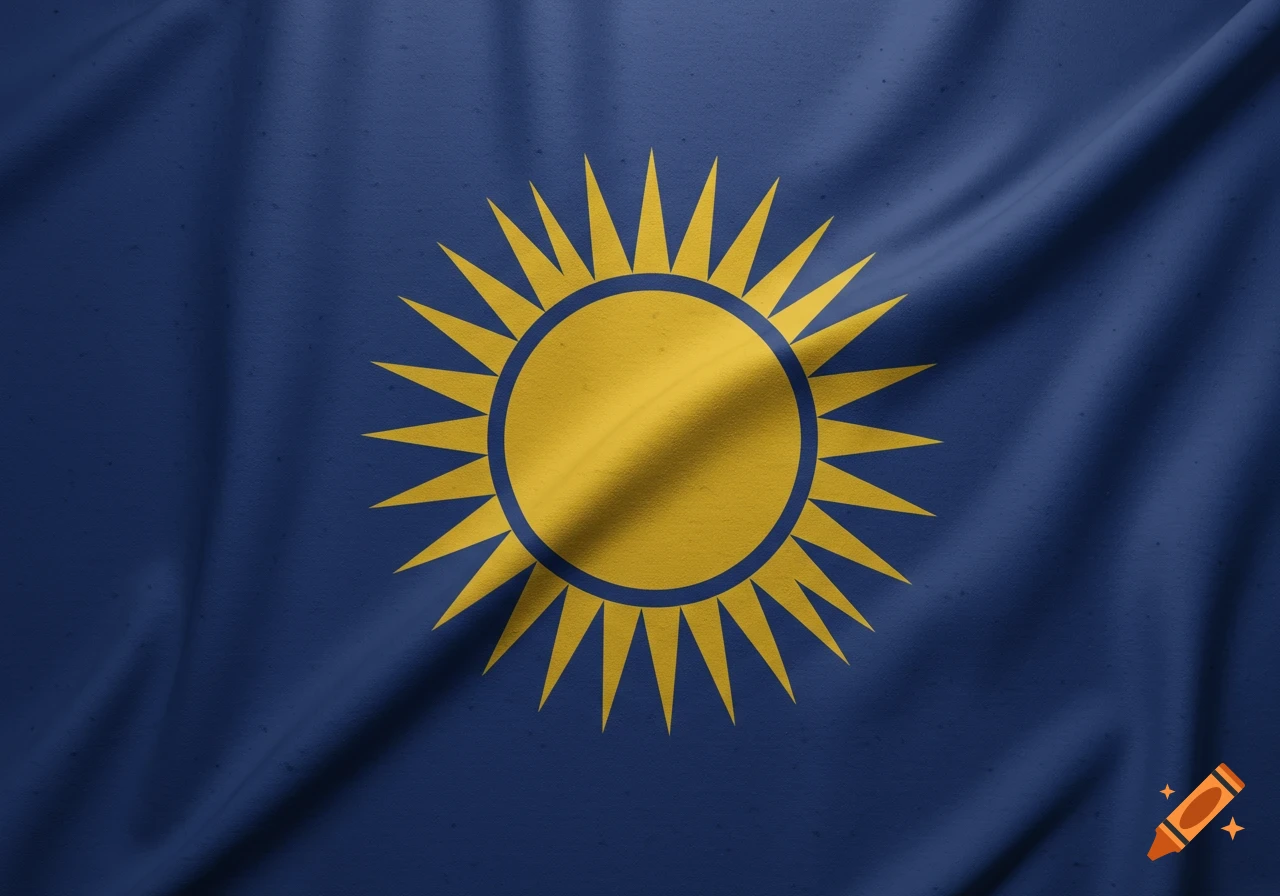 A dark blue flag with a yellow sun symbol in the center.