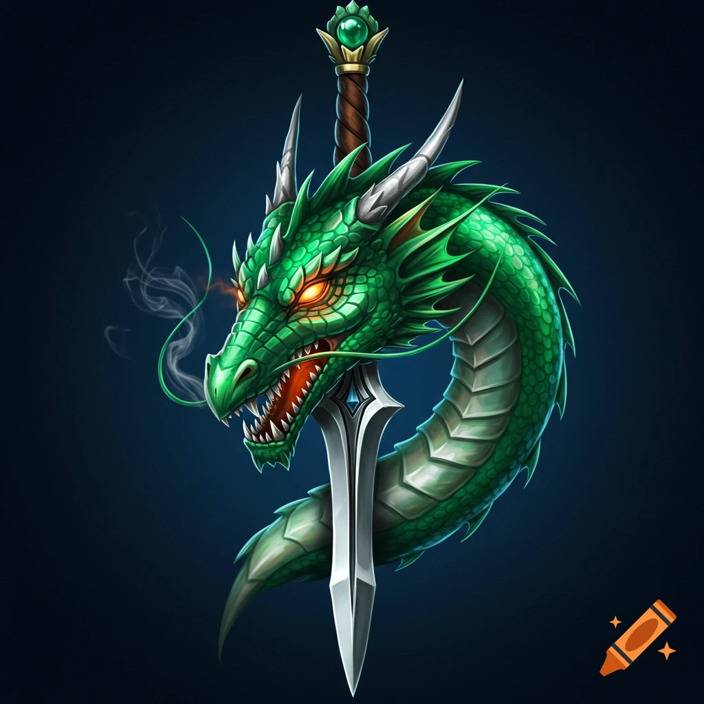 A green dragon with glowing orange eyes is coiled around a silver sword. Detailed fantasy illustration.