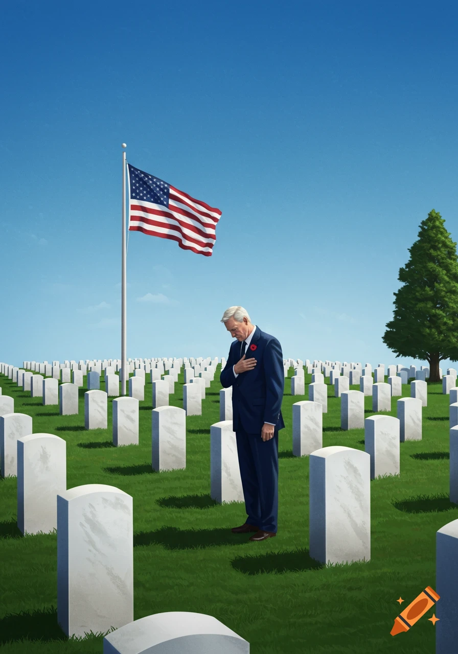 Man with hand on heart in military cemetery with American flag