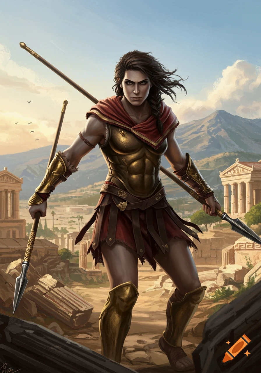 Female warrior in ancient Greek armor stands in ruins holding spears.