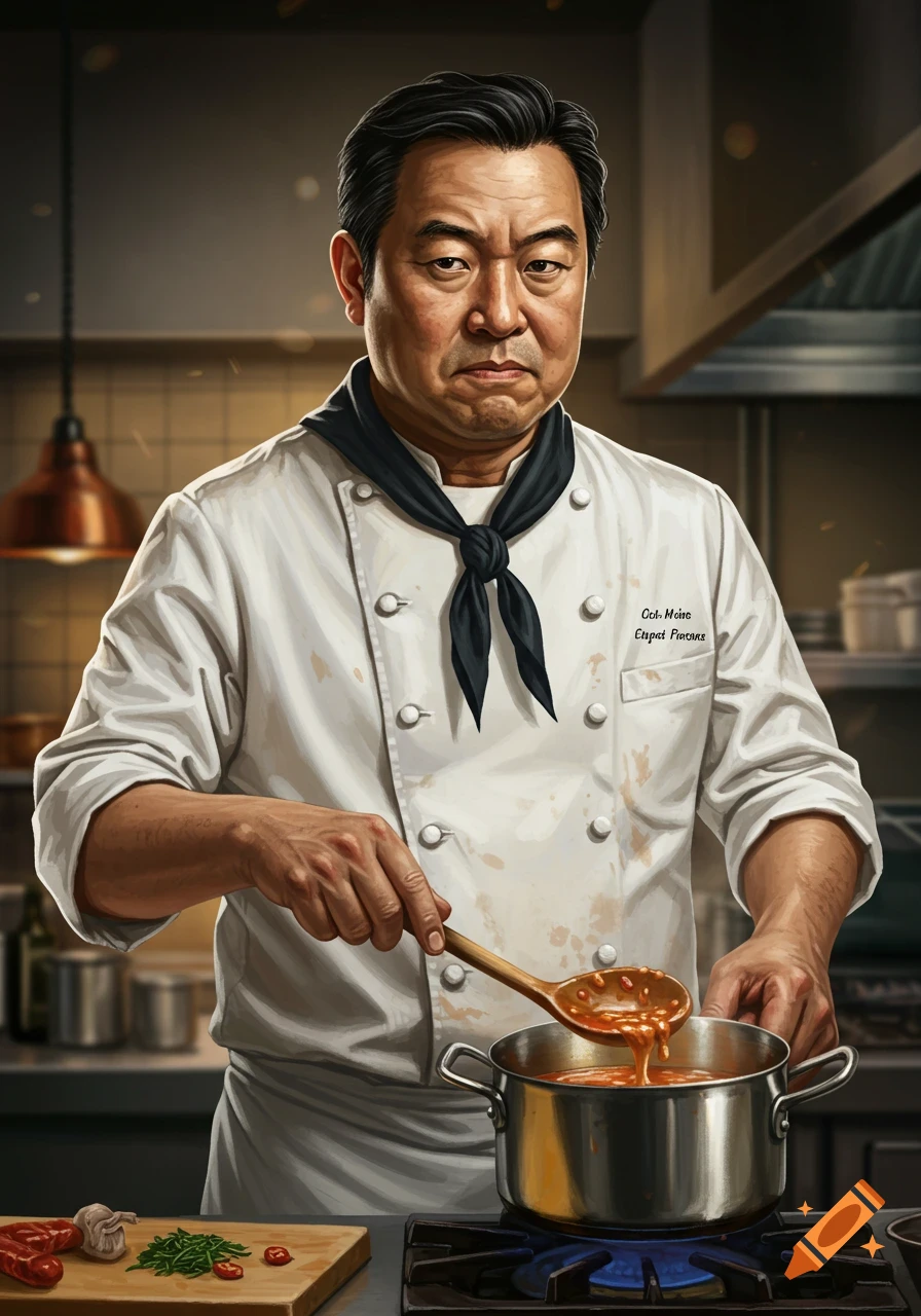 A serious-looking chef stirs a pot of food on a stove in a kitchen, illustration.