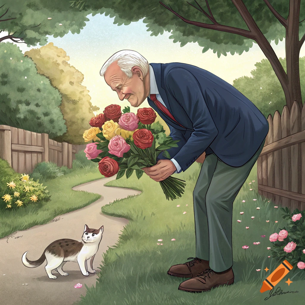 Illustration of a man smelling a bouquet of roses near a cat in a garden.