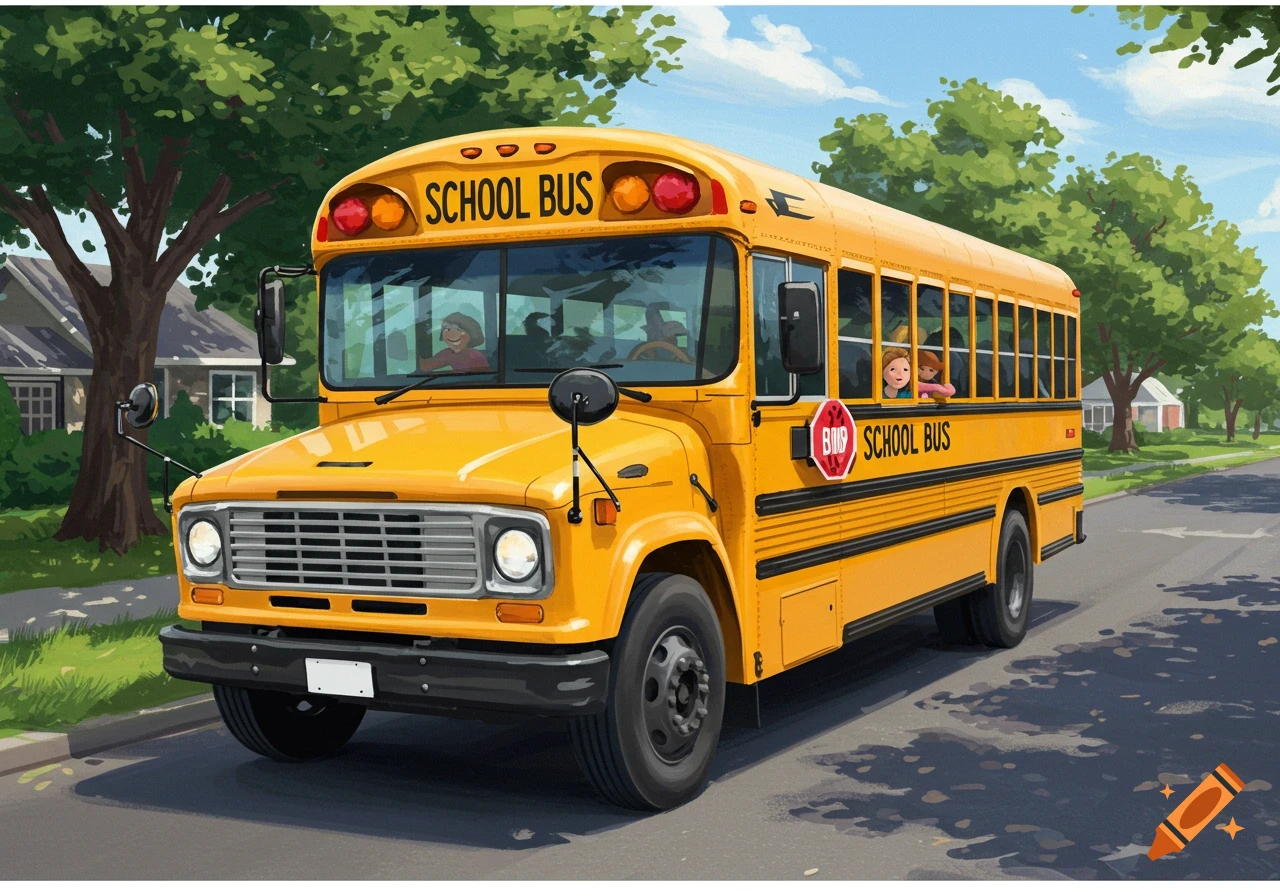 A yellow school bus drives down a suburban street with children looking out the windows, in an illustration style.