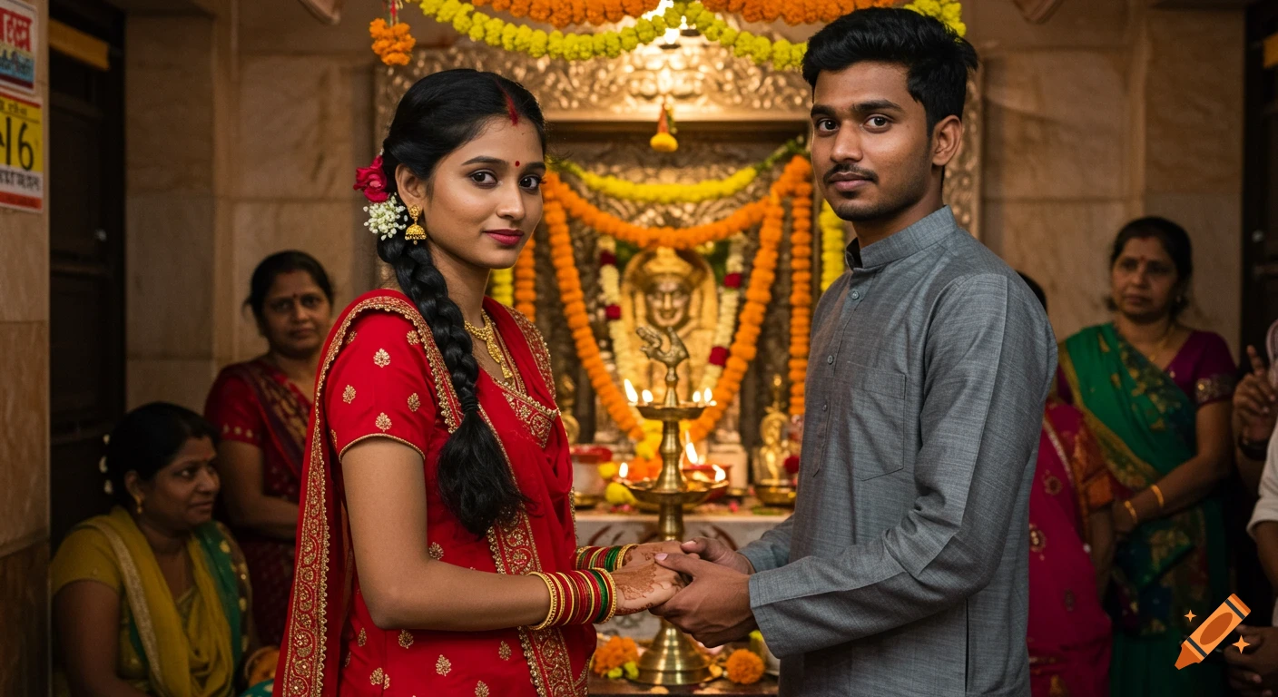 Photorealistic image of an Indian couple holding hands in a temple during their wedding ceremony, surrounded by family and decorations.