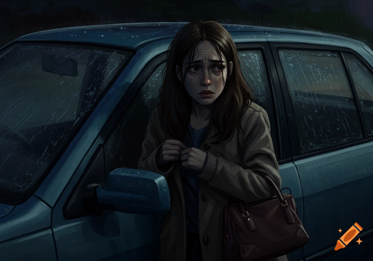 Illustration of an anxious woman standing by a car in the rain.