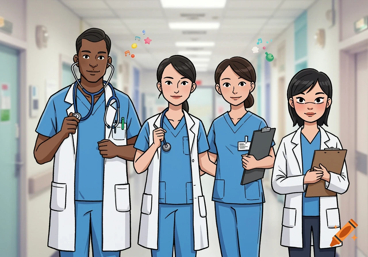 Cartoon illustration of four doctors and nurses in a hospital hallway.