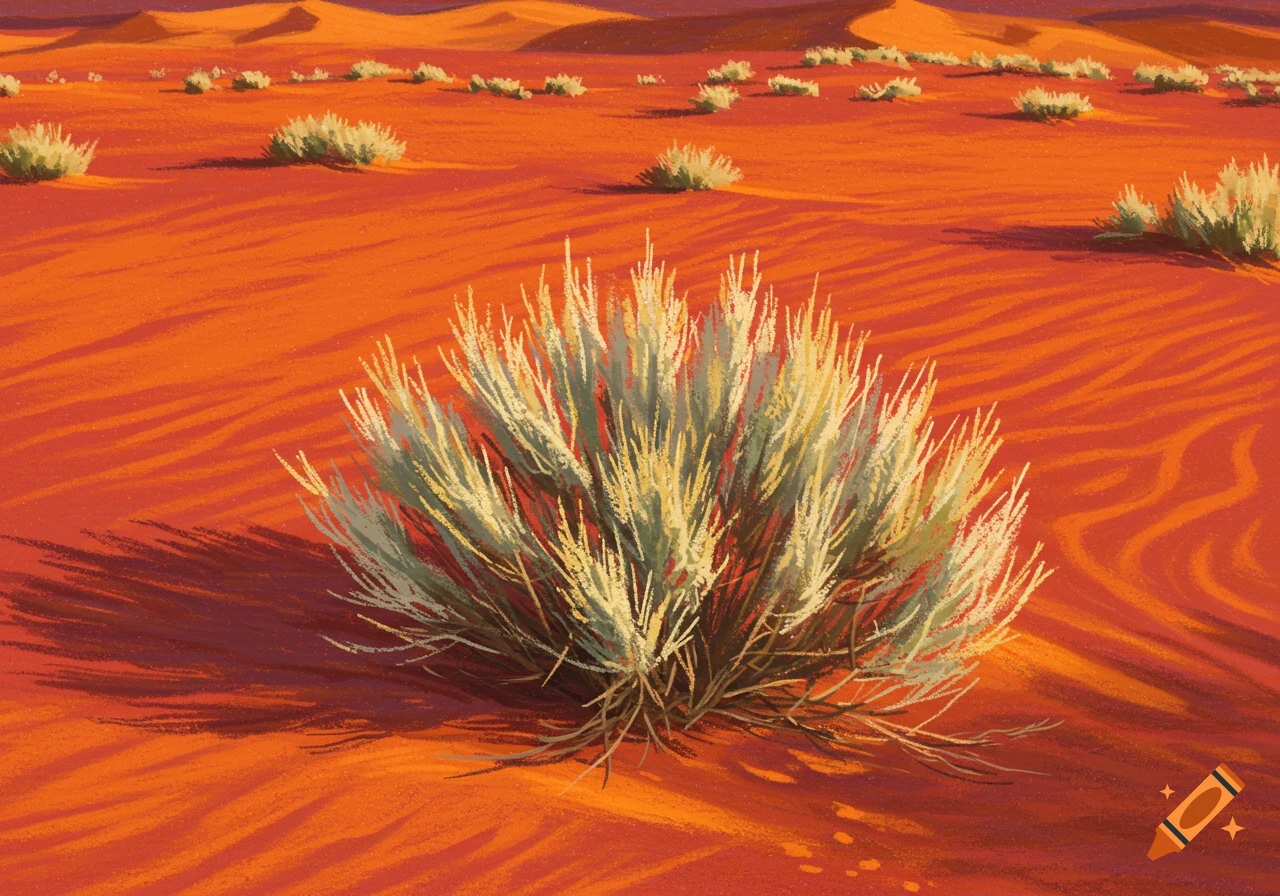 Chalk pastel of a large sagebrush in a red desert landscape with dunes ...
