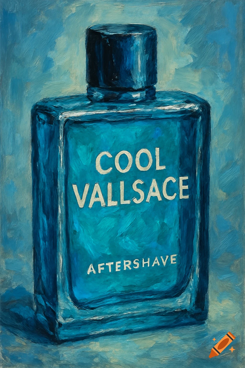 A blue glass bottle labeled "COOL VALLSACE AFTERSHAVE" in a painterly style.