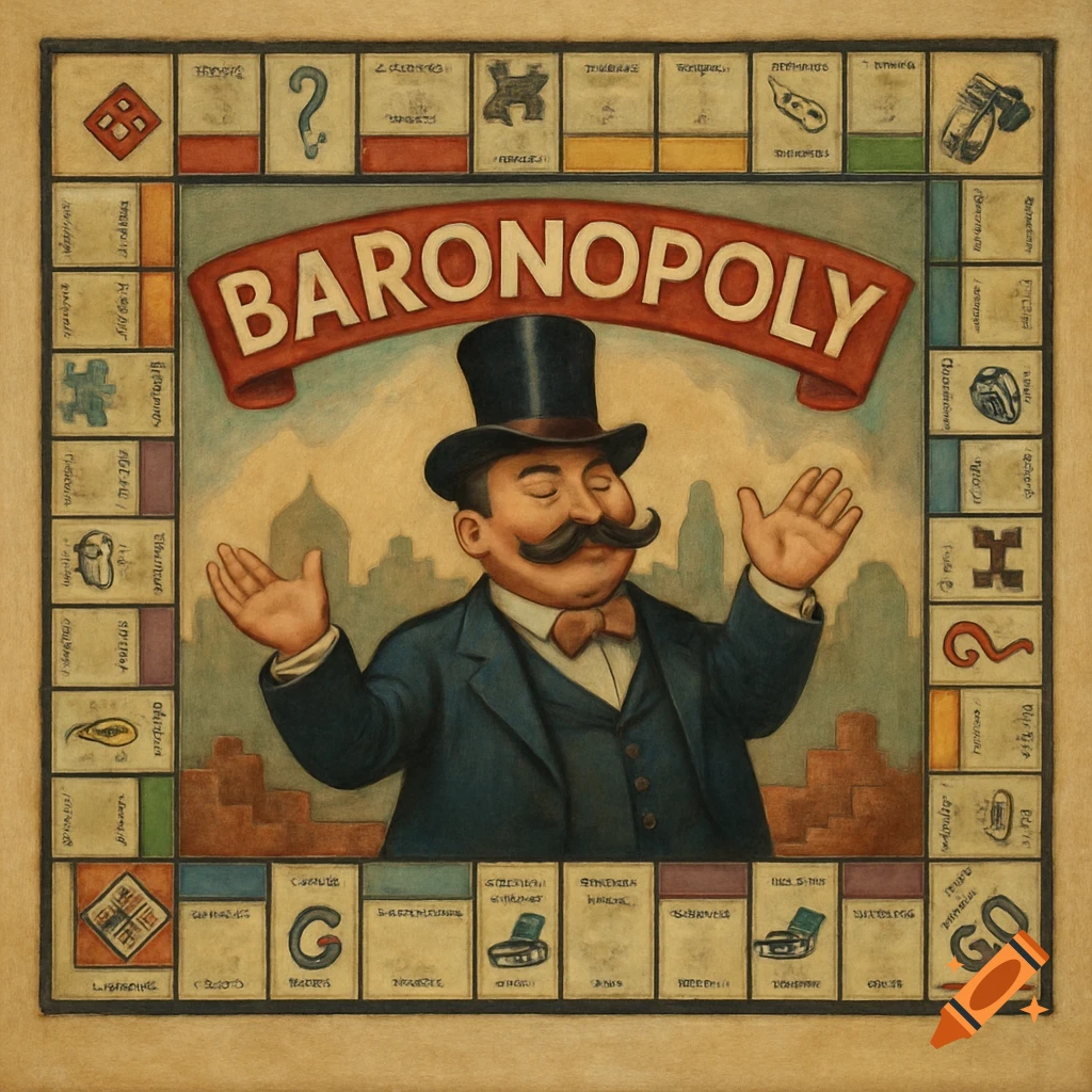 A vintage illustration of a board game called Baronopoly featuring a man in a top hat and suit raising his hands.