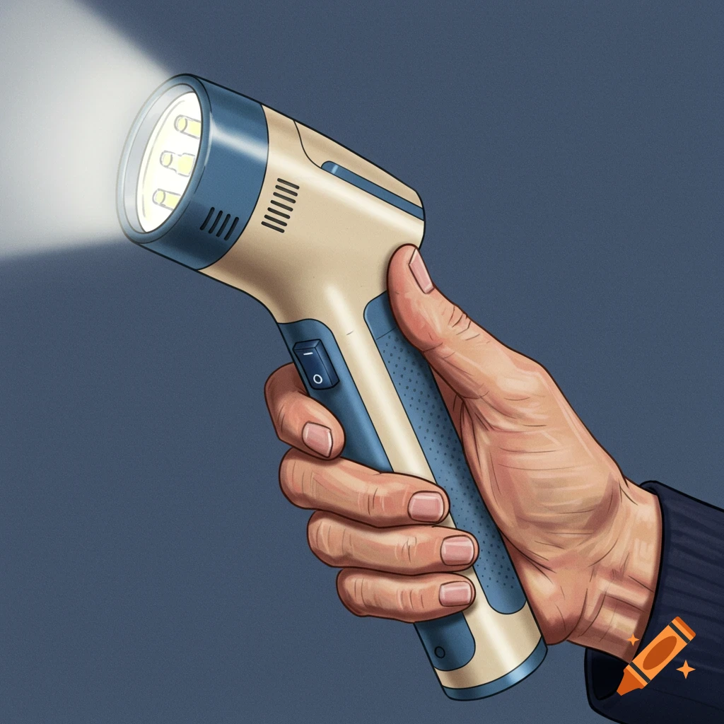 A hand holds a flashlight shining a beam of light.