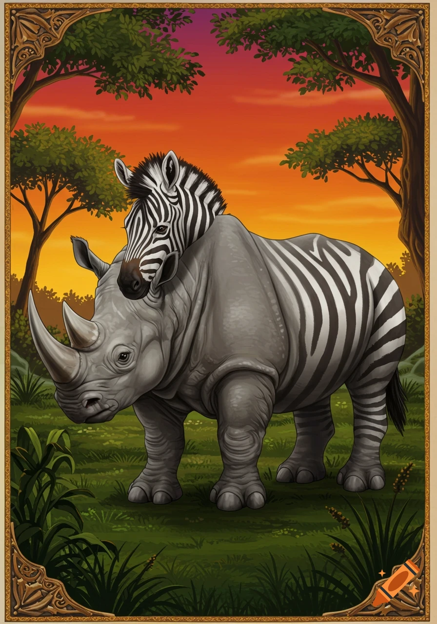 Illustration of a mythological creature combining a rhino body and a zebra head, standing in a savannah at sunset, bordered by decorative frame.