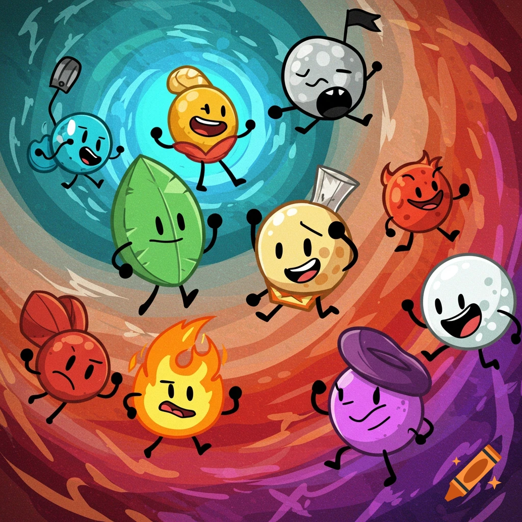 Cartoon characters from BFDI, anthropomorphic objects like a leaf, golf ball, and fireball, floating in a colorful swirl.