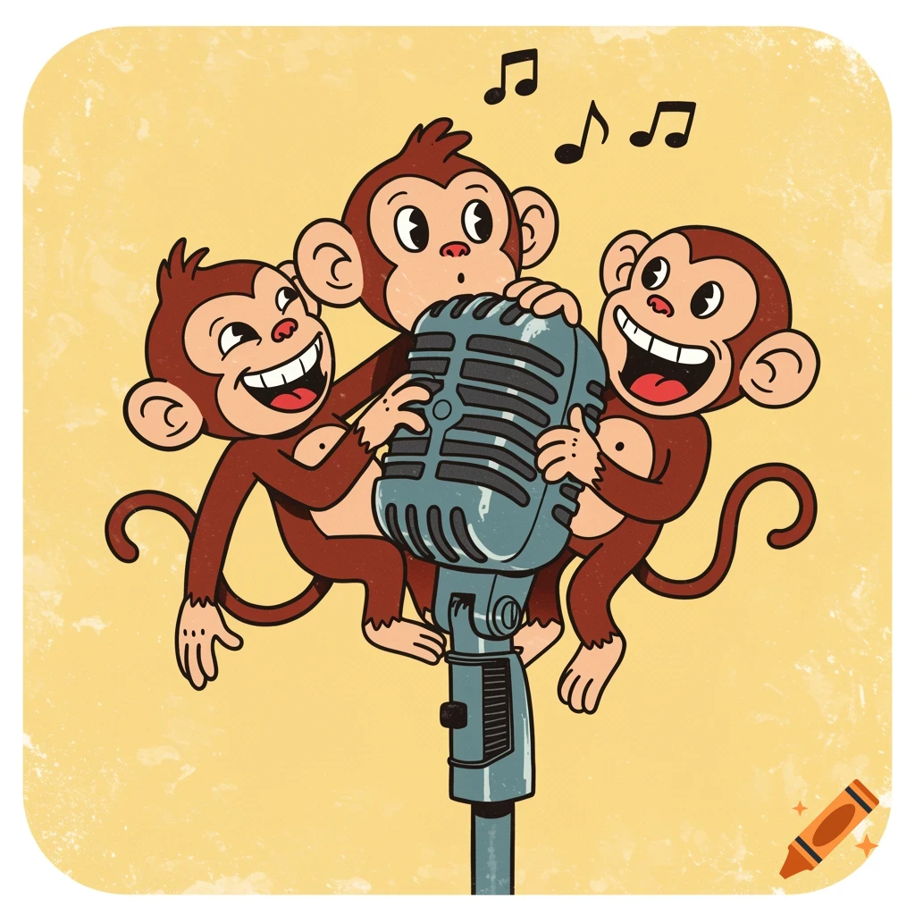 Three cartoon monkeys sing into a vintage microphone with musical notes above them.