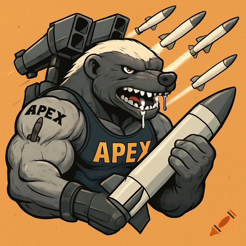 Cartoon honey badger with missile launcher holding a missile, wearing 'APEX' shirt.