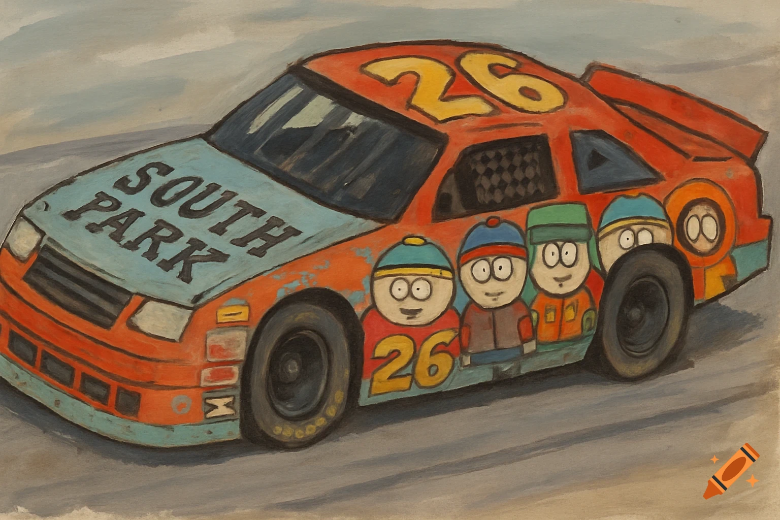 Cartoon drawing of a red and blue NASCAR car with South Park characters and 'SOUTH PARK' text.