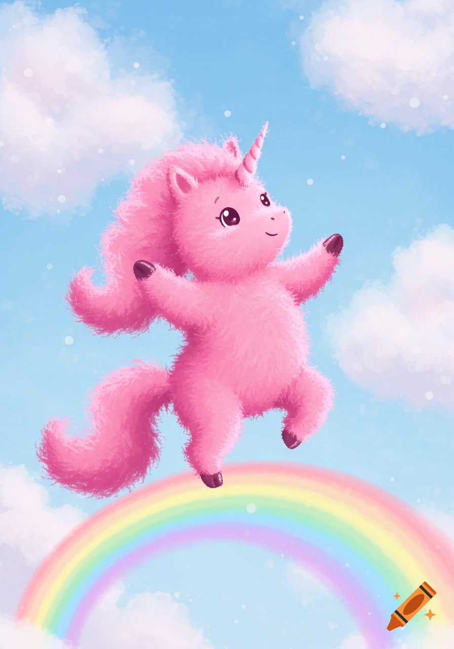 A fluffy pink unicorn dances on a rainbow in a cloudy sky.
