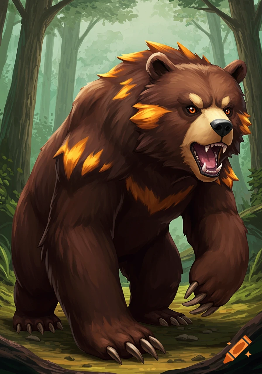 Stylized fantasy illustration of a large brown bear creature with glowing orange markings on its fur, standing in a forest.
