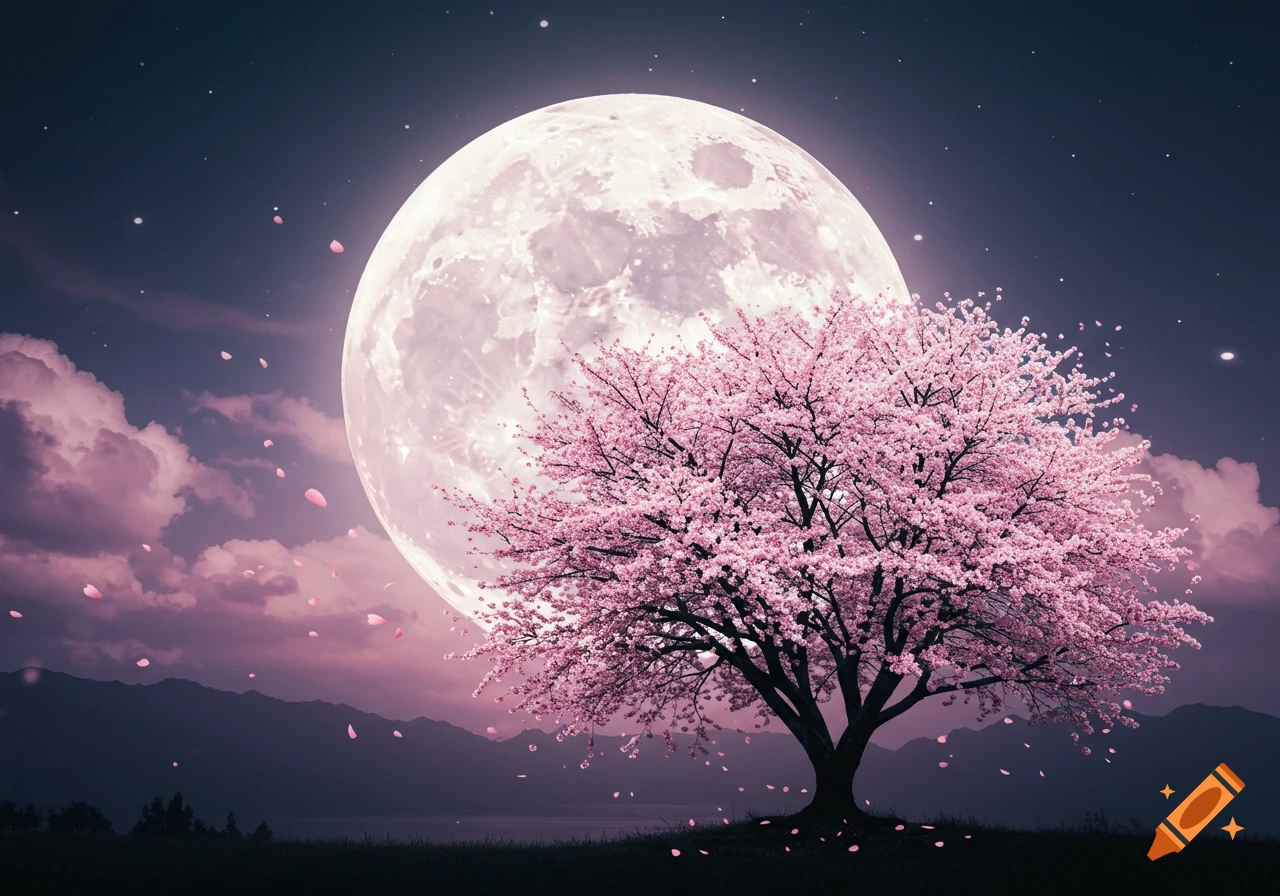 A full moon shines behind a pink cherry blossom tree at night with falling petals and mountains in the background.