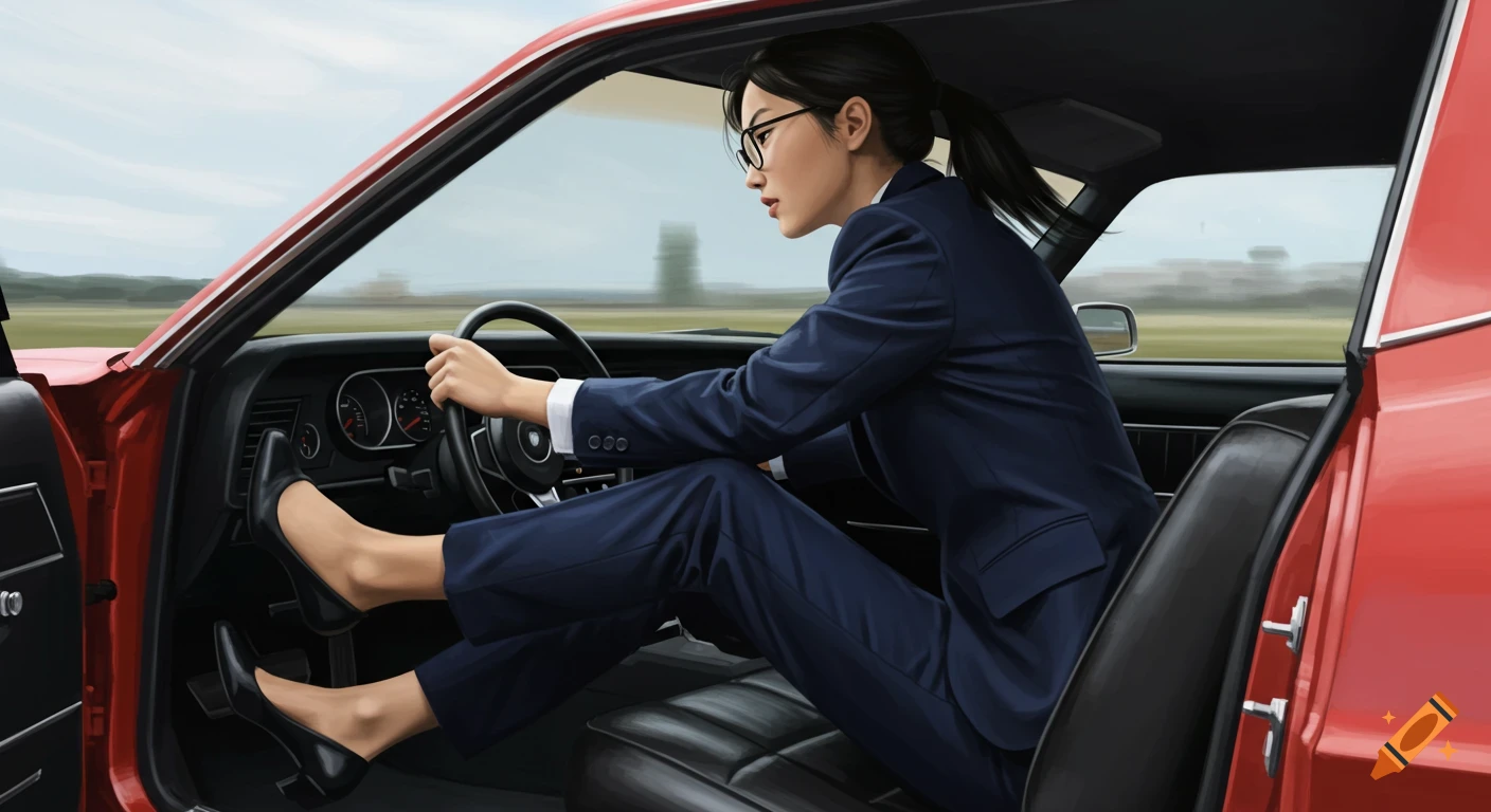 Illustration of a woman in a suit driving a red muscle car, seen from the passenger seat