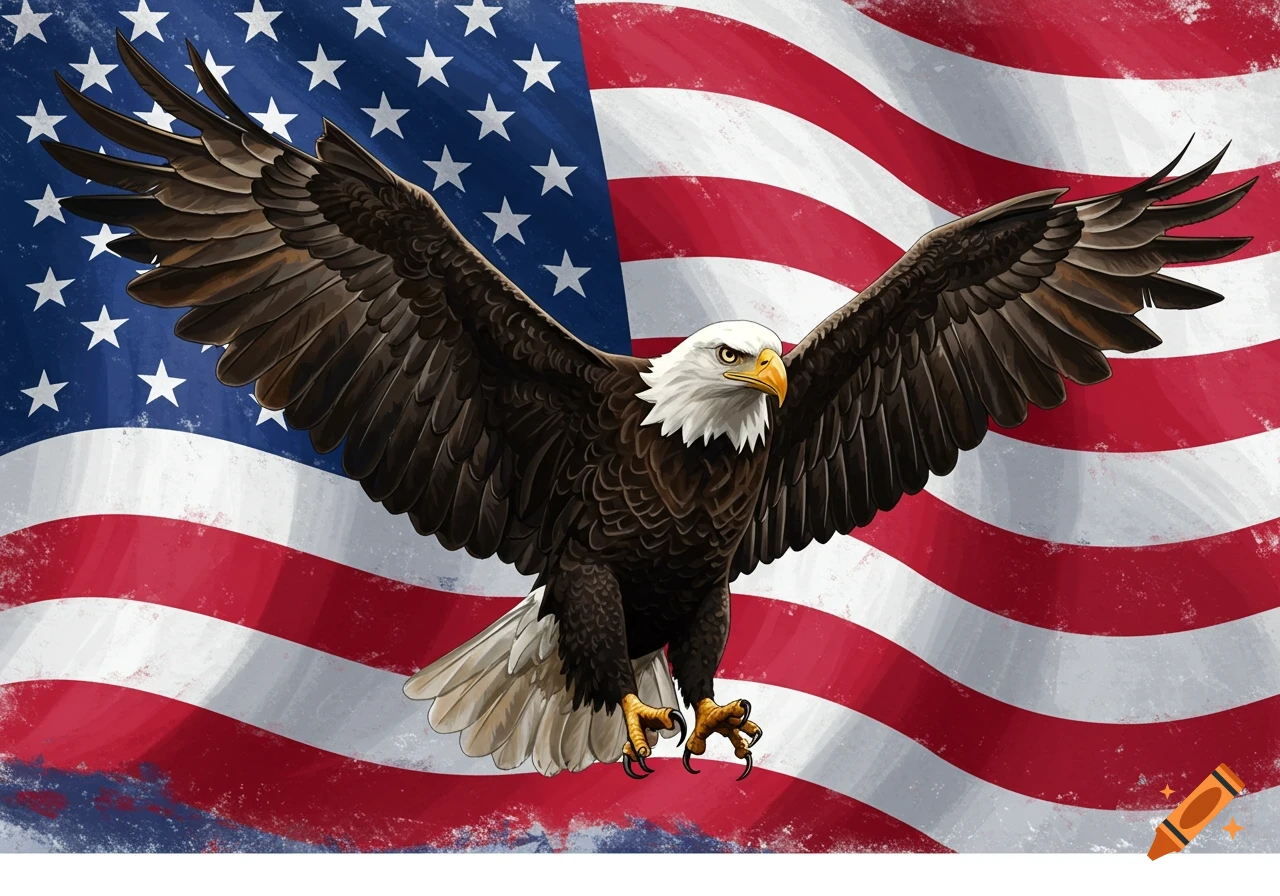 Bald eagle flying in front of an American flag, illustration style.