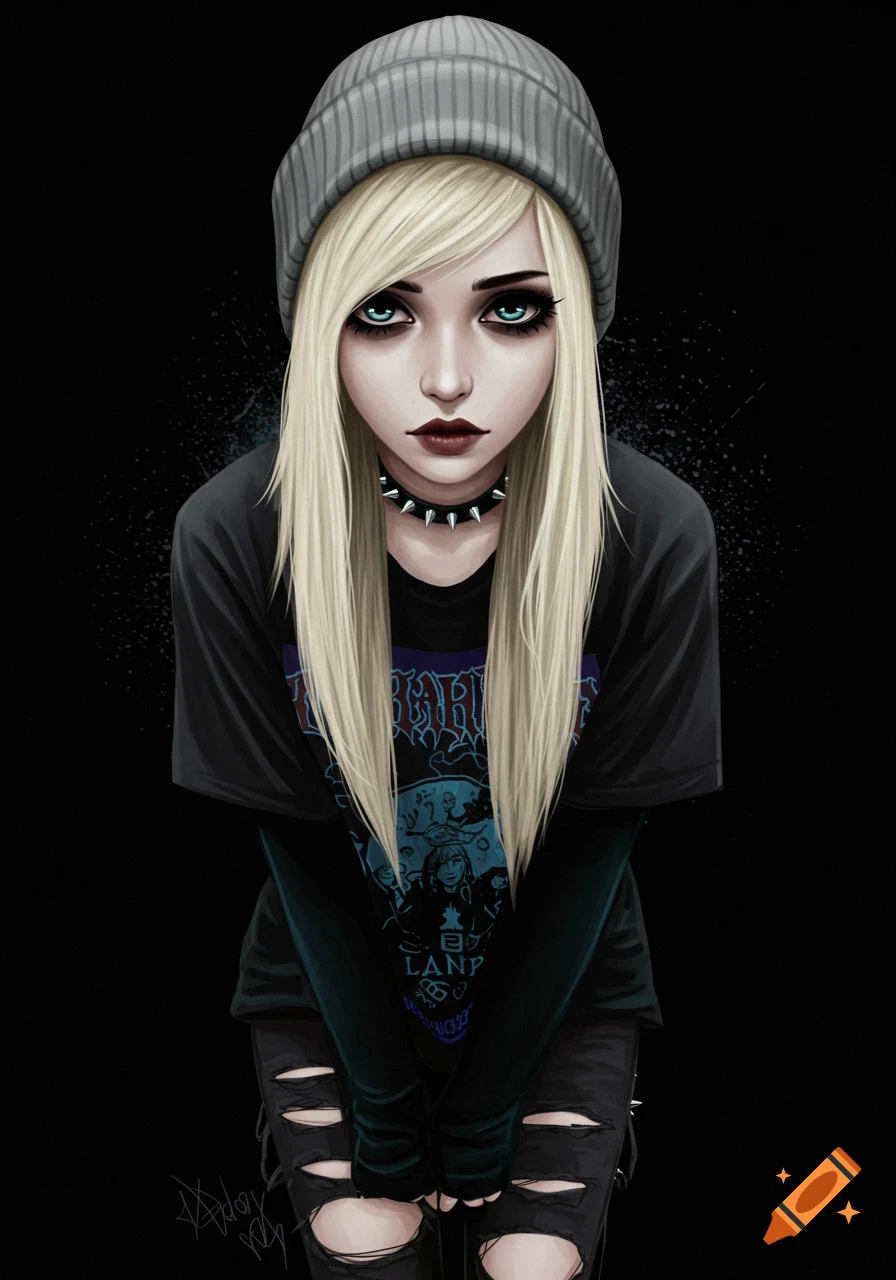 An emo girl with blonde hair and a gray beanie wears a band t-shirt and ripped jeans against a black background.