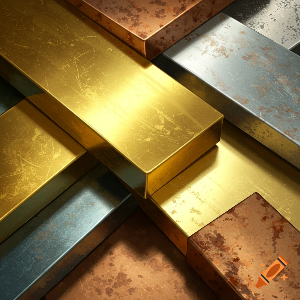 Close-up abstract view of overlapping textured bars of gold, silver, and copper.