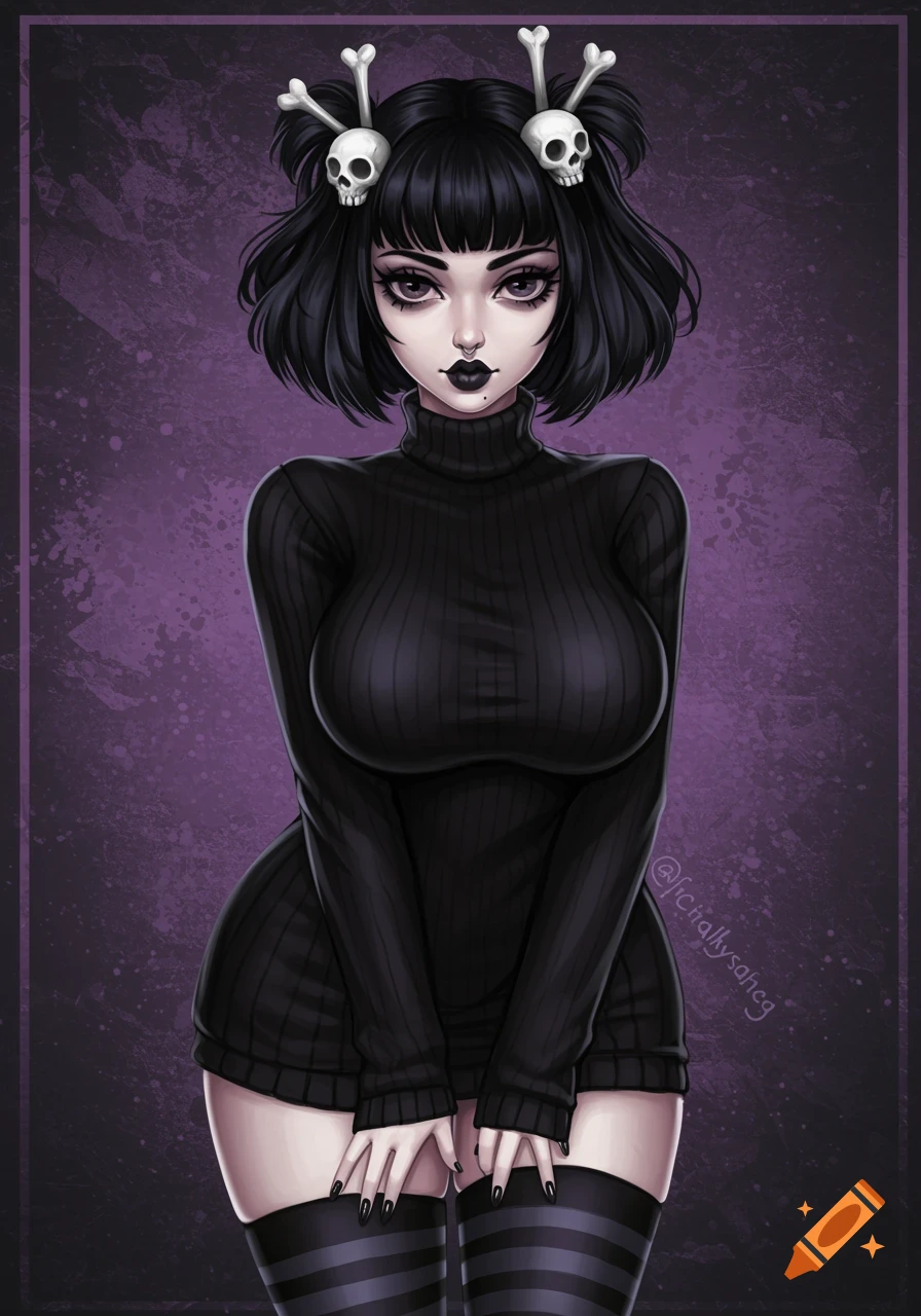 Illustration of a goth girl in a black ribbed sweater, striped thigh-highs, and skull hair accessories.