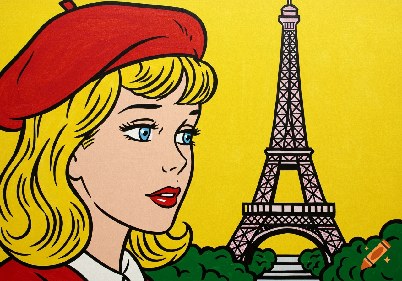 Pop art painting of a blonde woman in a red beret looking at the Eiffel Tower