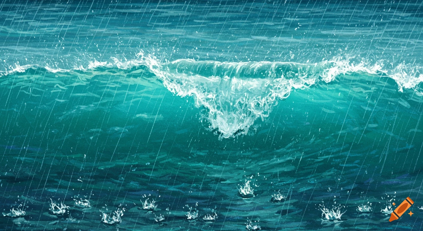 Illustrative view of heavy rain falling on turquoise ocean waves.
