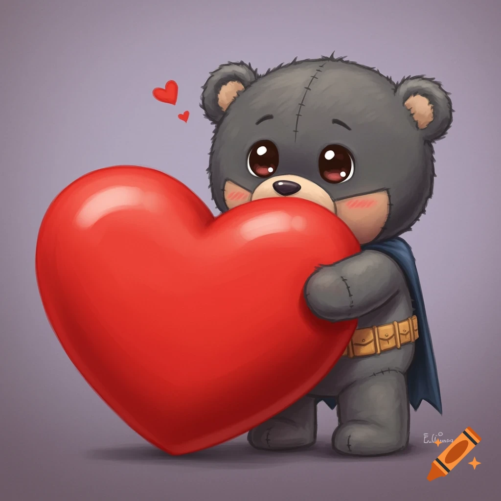 Cartoon gray teddy bear dressed as Batman hugging a large red heart, with small hearts floating above it.