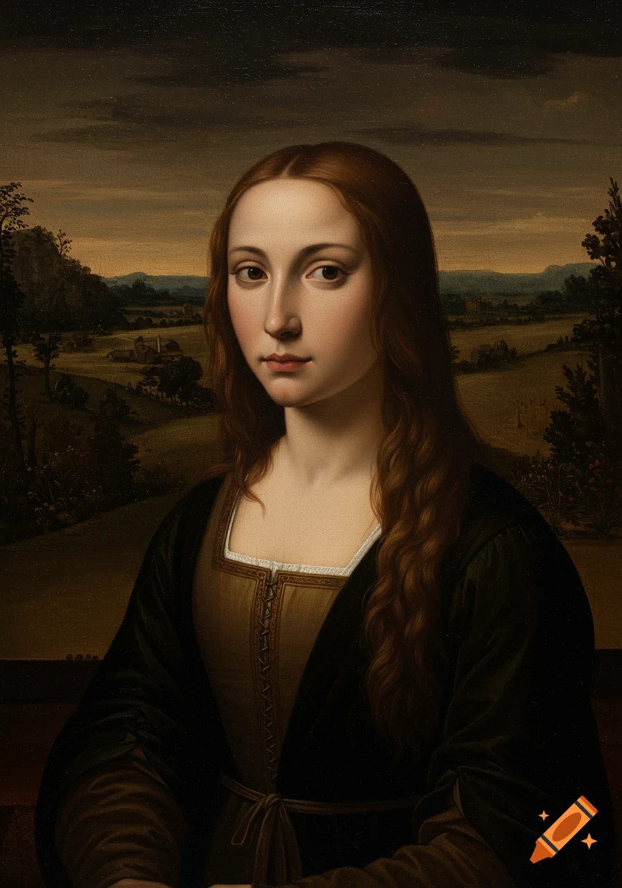 Oil painting of a young woman in Renaissance clothing against a landscape.